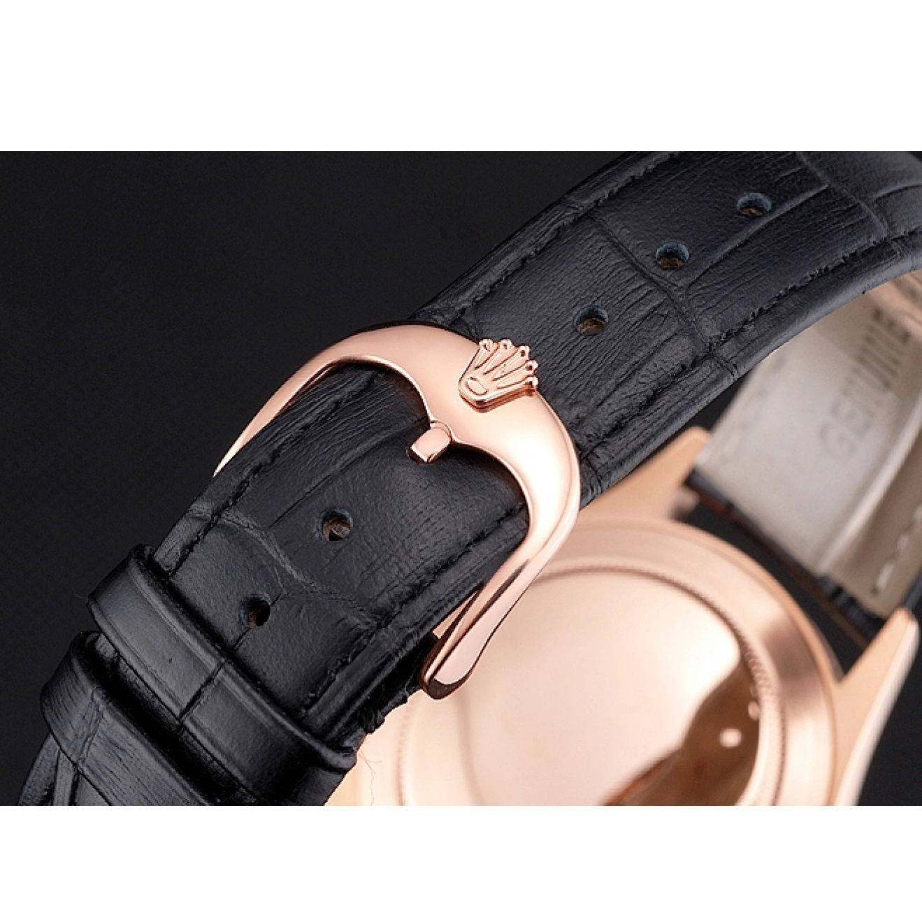 Best AAA Replica Sites Case Gold Rose Swiss Black Strap Black Rolex Dial Datejust Leather 0629